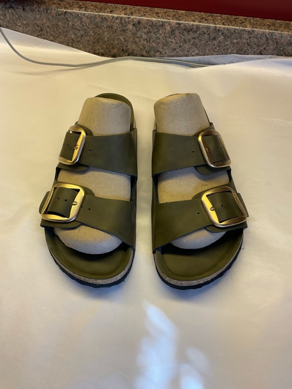 Project Cloud Big Buckle Sandals Olive Green Leather 9